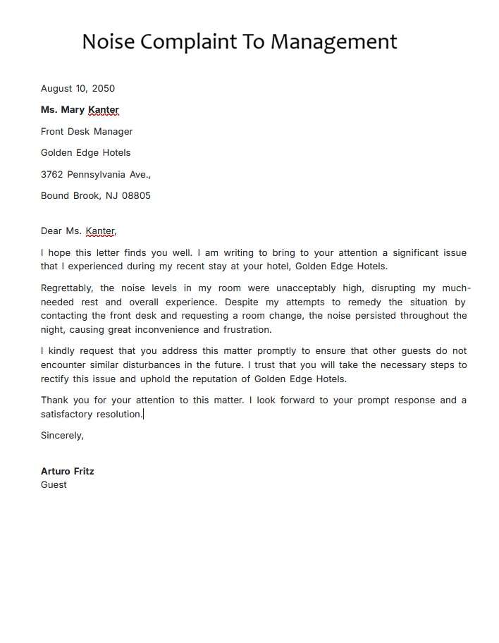 Noise Complaint Template To Management