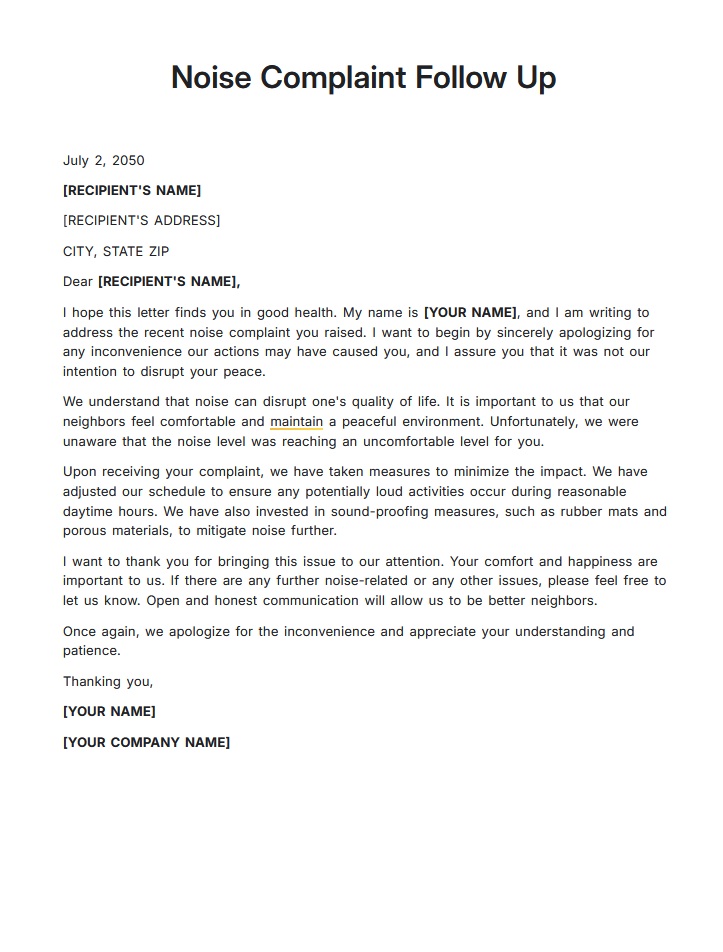 Nuisance Complaint Letter Template