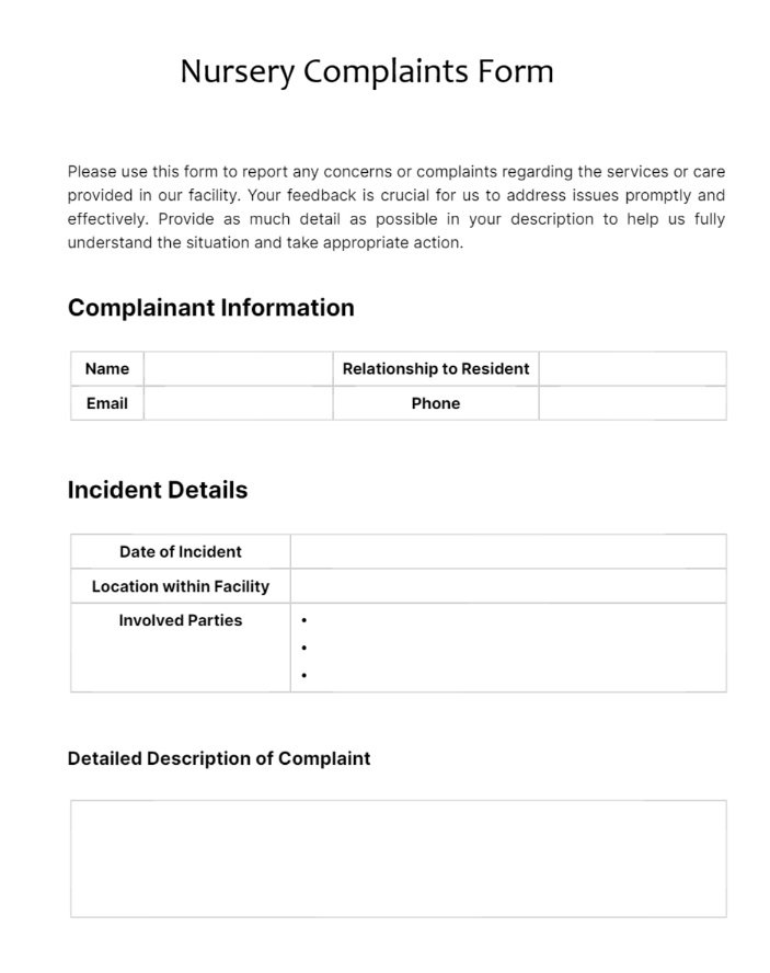 Nursery Complaints Form Template