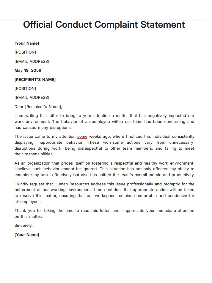 Official Conduct Complaint Statement Template