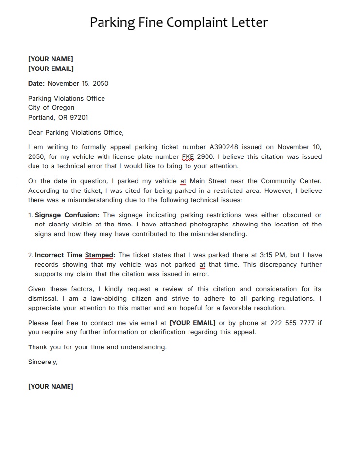 Parking Fine Complaint Letter Template