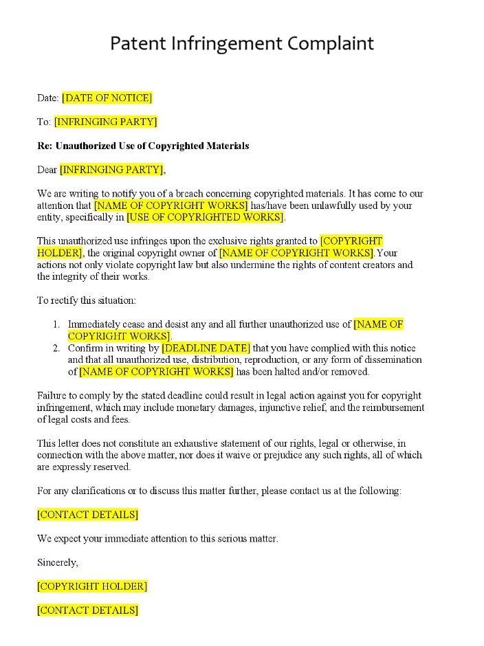 Patent Infringement Complaint Template