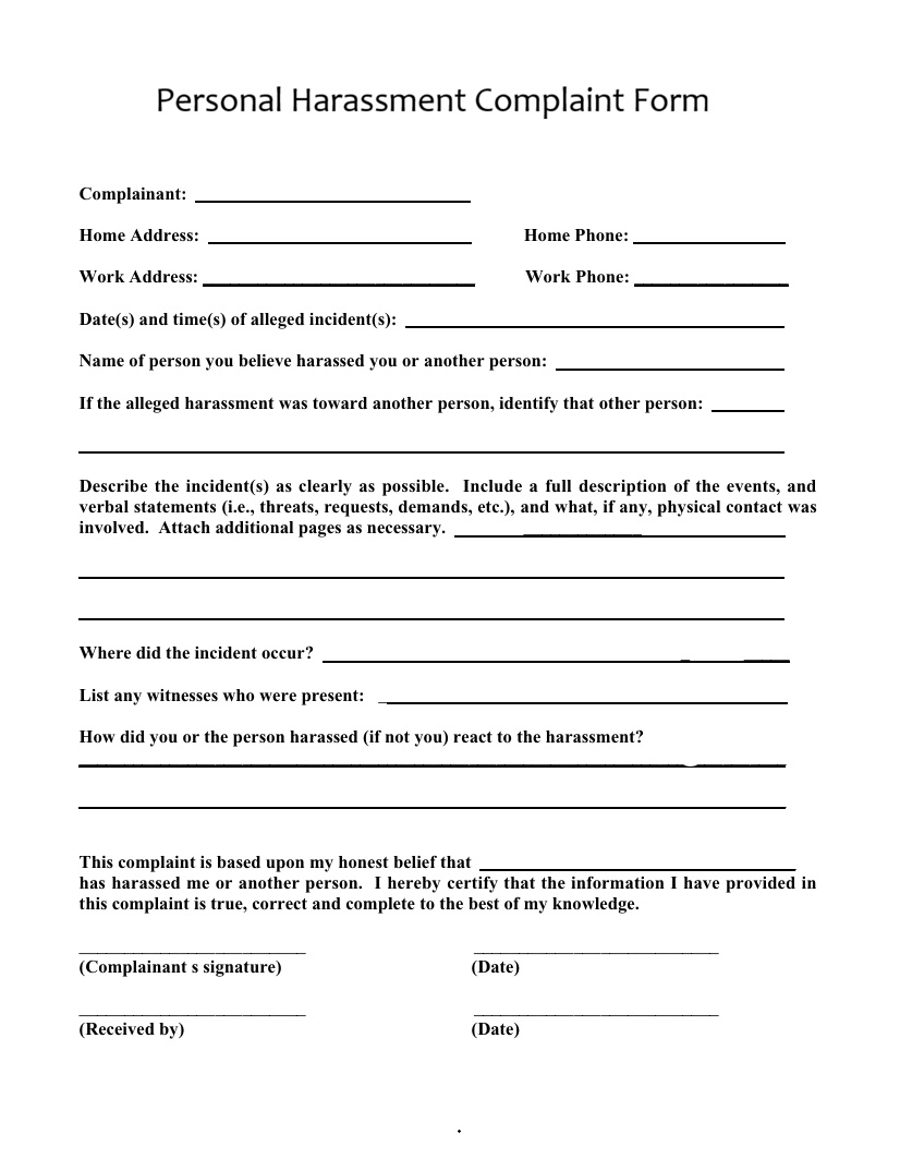 Personal Harassment Complaint Form Template