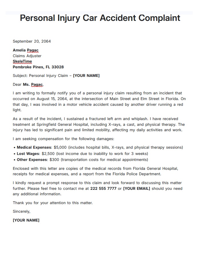 Personal Injury Car Accident Complaint Template