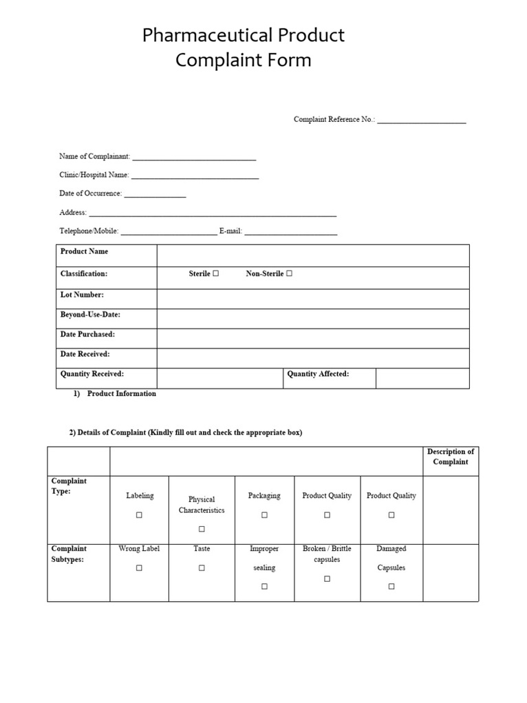 Pharmaceutical Product Complaint Form Template