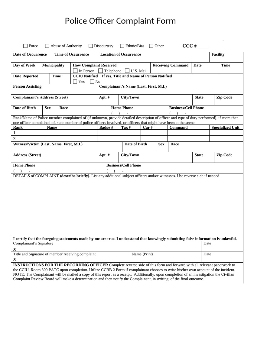 Police Officer Complaint Form Template