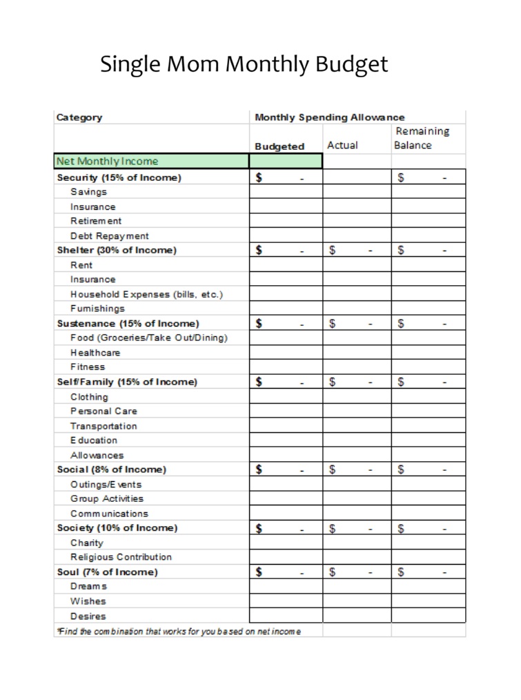 Single Mom Monthly Budget Template