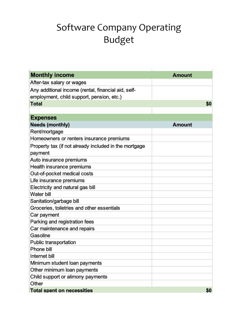 Software Company Operating Budget Template